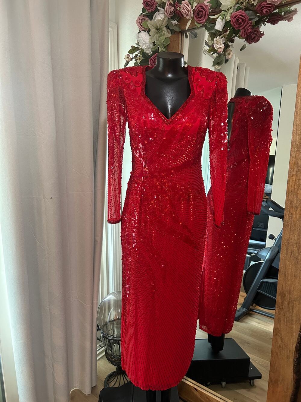 Vtg 80s Nite Line by Gianni Red Silk Beaded Dress Open Back Sequin Gown Sz 8